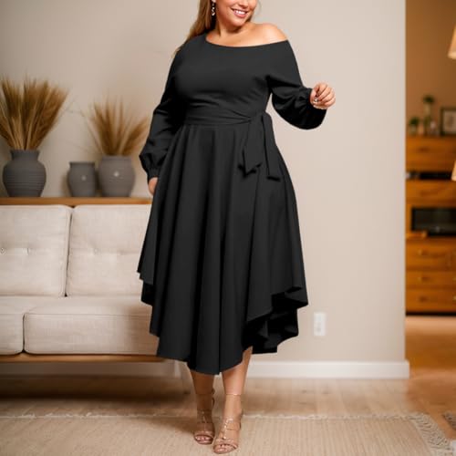 Plus Size Formal Dresses for Women Off Shoulder Long Sleeve Boat Neck Irregularly Flowy Midi Church Dress2