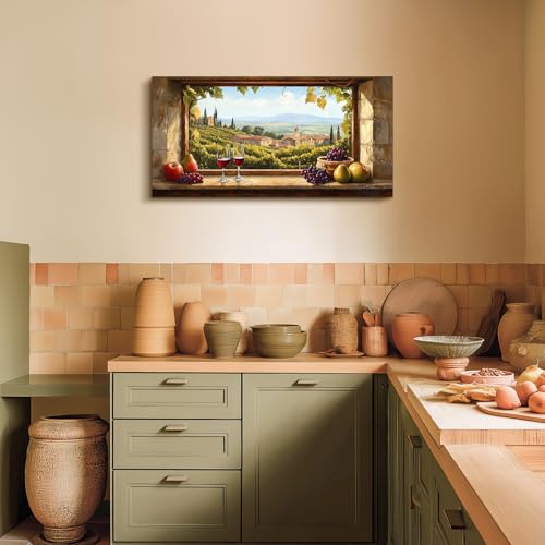 crmotu Vineyard Large Wall Art, Faux Window Canvas Prints of Wine Country, Grape Farms Beyond the Vintage Windowsill, Rustic Dining Room Kitchen Wall Decor, Restaurant Home Bar Decoration 20x40 Inch