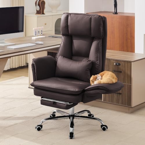 Image of Big and Tall Office Chair, Footrest & Flip Armrest for Pets, PU Dark Brown | Executive Ergonomic Criss Cross Chair, Reclining High Back Desk Chair, Leather Swivel Computer Chair with Lumber Pillow