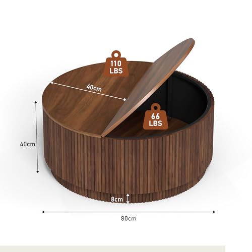 Image of 31.5 inch Round Coffee Table with Storage, Mid Century Modern Coffee Tables with Fluted Base, Wooden Circle Accent Center Table for Living Room Small Space Apartment Office (Walnut)