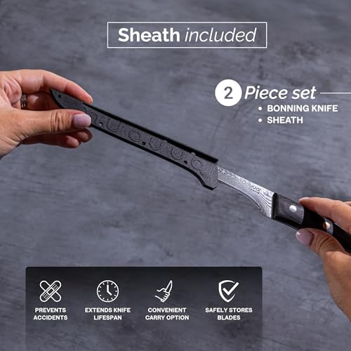 nuovva Ultra-Sharp Kitchen Boning Knife – 6 Inch Meat & Fish Fileting Knife – 67 Layer Damascus Japanese Steel – Professional Slicing Knives with Rosewood Handle – Gift Box & Sheath Included - Image 5