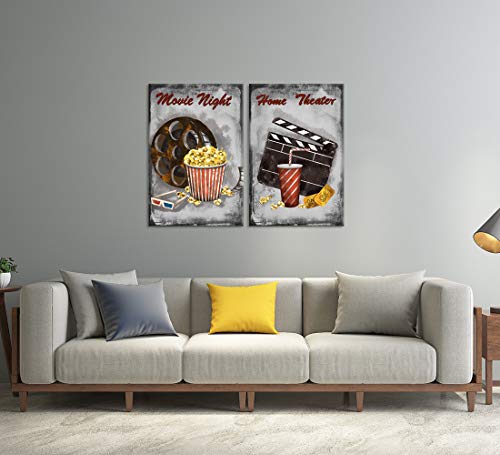 Zlove 2 Pieces Set Rustic Movie Theater Canvas Wall Art Old Film Reels Clapper Popcorn Poster Print On Canvas For Home Theater Room Bedroom Decor Stretched And Framed Ready To Hang 16X24Inchx2Pcs #TOP2
