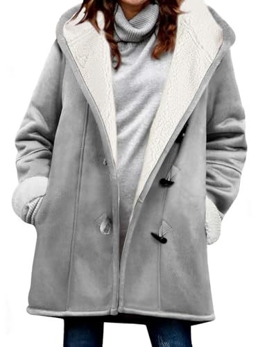 Yuson Girl Abrigos Mujer Invierno Ligeros y Calentitos Abrigo de Ante Elegante Chaqueta de Forro Polar Outwear Parka con Horn Botones Casual Sudadera con Capucha Hooded Jacket(Gris claro, L)