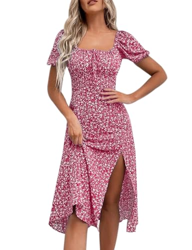 Image of SPRIME Women's Floral Summer Casual Dress Square Neck Puff Sleeve Boho Midi Dresses Ruched Bust High Waist Split Long Dress