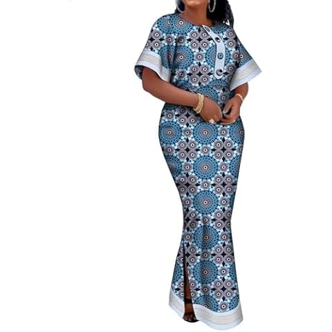 BAZINRICHE African Women's Print Bodycon Dress O-Neck Ankara Party Dresses Floor Length Cover