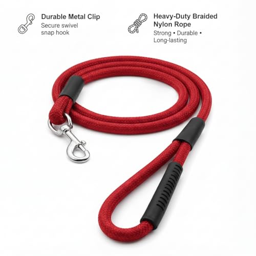 Image of Dog Leash for Large Dogs & Medium Dogs 5 Feet - Heavy Duty Nylon Rope 15mm Thick Leash with Anti Slip Rubber Handle - Tangle Free & Swivel Metal Clip (Red)
