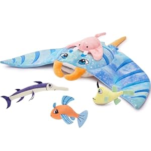5Pcs Manta Ray Plush, Large Stingray Stuffed Animal with 4 Different Kinds of Small Fish Plush Toys, Christmas Birthday Gifts for Kids Boys Girls Preschool,Ocean Party Favors