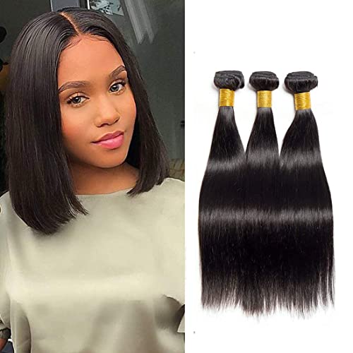 Feibin Tissage Bresilien en lot Tissage Cheveux Humain Naturels Meches Bresiliennes Lisse Extension Cheveux Straight Human Hair Bundles 12 12 12 pouces Natural Noire