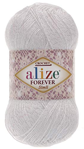 96% Microfiber Acrylic Yarn Alize Forever Simli Thread Crochet Knitting Art Summer Yarn Lot Of 4 Skn 200 Gr 1220 Yds Color 55 White #TOP24