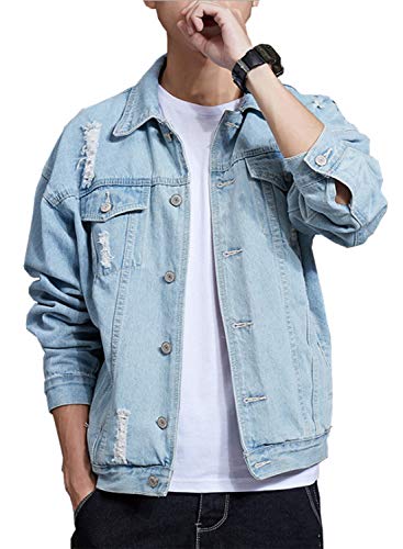 David.ann Men's Denim Jacket Classic Ripped Jean Coat Jacket With Holes,Blue,Large #TOP2