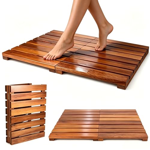 Nhohobiy Wood Shower Bath Mat - Foldable Wooden Bathroom Mat Bamboo Teak Acacia Floor Mat Rugs for Inside Shower Platform Outdoor Indoor