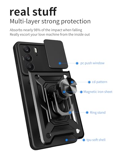 Image of Shockproof Back Case Cover for Oneplus Nord CE 6 Lite 5G, Shockproof Oneplus Nord CE 6 Lite Back Cover, Ring Case with Kickstand and Camera Protection Shutter - Black
