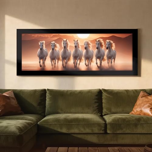 Image of PAINTINGMANTRA Running Horse Vastu Modern Wall Art Framed Luxury Paintings for Home Decoration, Living room, Bedroom and Office Decoration (99x38 CM)