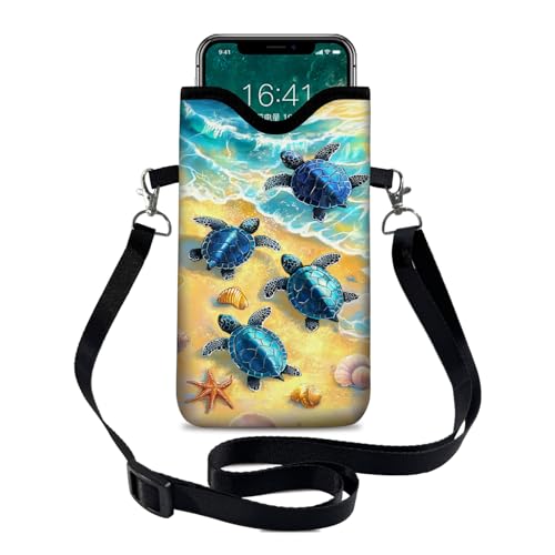 Image of Neoprene Cell Phone Sleeve Pouch Case Bag with Crossbody Strap Neck Lanyard for Women 7.1 X 3.9 in Cute Turtle