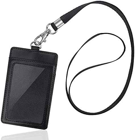 Arae Card Holder Vertical PU Leather Badge Holder with 1 Clear ID Card Window 1 Card Slot and 1 Neck Lanyard for Office/School ID Credit Card Driver License - Black