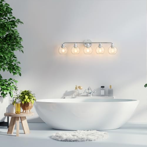 Image of Bathroom Light Fixtures Chrome Vanity Light Silver 5 Light Modern | Wall Sconces Lighting Bathroom Lights with Globe Glass Shades Bath Wall Lights for Mirror Kitchen Living Room Hallway 34.5 inch