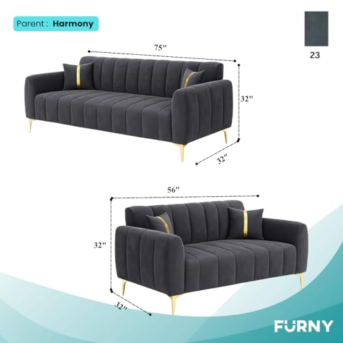 Image of FURNY Harmony 5 Seater Fabric 3+2 Sofa Set (Dark Grey) with Golden Finish Legs & Premium Velvet Finish | Durable & Comfortable | Ideal for Living Room
