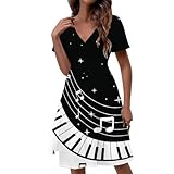 Frymappies Music Notes Women Summer Casual Mini Dress Piano Keys V-Neck Flowy Short Sleeve Floral Party Dress with Pockets