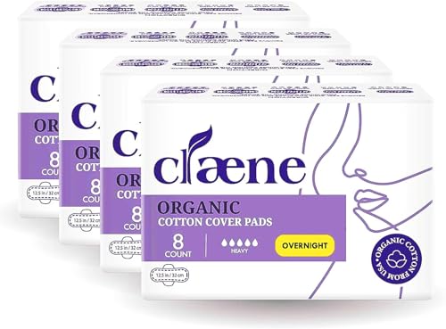 Image of Claene Organic Cotton Cover Pads, Cruelty-Free, Menstrual Overnight Sanitary Pads for Women, Unscented, Breathable, Vegan, Organic Pads, Natural Sanitary Napkins with Wings(Overnight, 32 Count)