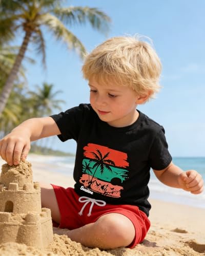 Image of Boys 2 Piece Outfits Short Sleeve Basketball Pattern T-Shirt and Shorts Summer Clothes for Kids 5-12 Years