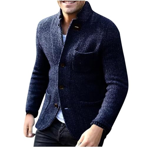 Mens Blazer Collar Knit Cardigans Open Front Plus Vintage Herringbone Tweed Blazers with Button Closure