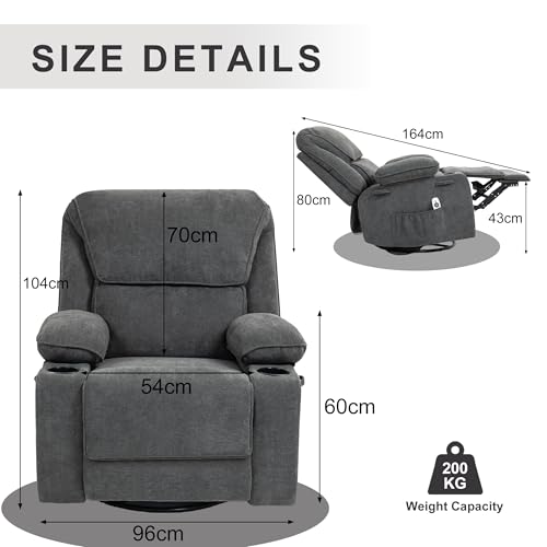 Recliner Chair with Massage& Heat Extended Footrest Armchair Padded Seat Manual Adjustable Legrest and Backrest with Cup Holders for Living Room Bedroom Home Cafe 360° Swivel, Rocking Function