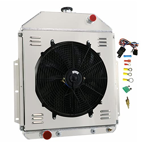 COOLINGBEST 62MM 4 Row Aluminum Radiator Replacement for 1942-1952 Ford F1 F2 F3 Pickup Ford V8, Radiators Electric Fan Shroud Thermostat Kit Combo 1943 1944 1945 1946 1947 1948 1950 1951