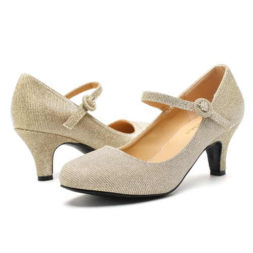 Image of Women's Vintage Mary Jane Shoes Dress Comfortable Low Kitten Heels Ankle Strap Closed Round Toe Office Work Wedding Pumps