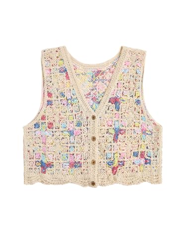 GORGLITTER Women's Crochet Knit Sweater Vest Sleeveless Button Front Cropped Vests