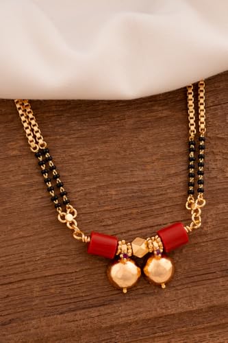 Image of Radha's Creations Traditional Mangalsutra with Black Beads and 2 Red beads 30 inch Length One Gram Gold Plated For Women and Girls