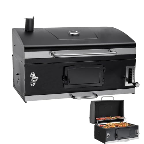 29 In Large Built-in Barbecue Grill, Charcoal bbq Grills with Liftable Tray, Insulated Hood & Temp Gauge, Black Stainless Steel Charcoal BBQ Barrel Grill for Outdoor Kitchen Camping Park Style
