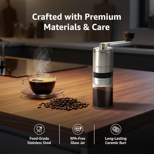 Image of Amazon Basics Manual Coffee Grinder with Ceramic Burr & 6 Adjustable Grind Settings, Glass Jar & Stainless Steel Body, Portable & Lightweight, Ideal for Espresso, French Press, Cold Brew, Silver