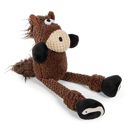 Image of goDog Checkers Skinny Horse Squeaky Plush Dog Toy, Chew Guard Technology - Brown, Small