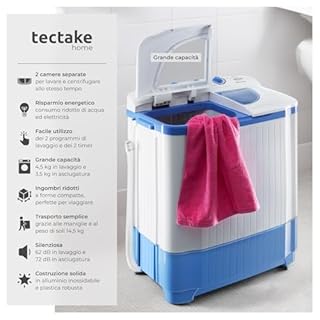 tectake® Mini Lavatrice con Centrifuga Mulifunzione 2 in 1, Lavatrice Portatile da 4,5 kg, Lavabiancheria portatile con Timer, 2 Funzioni di Lavaggio, Ideale per Campeggio o Piccoli Ambienti - Bianco