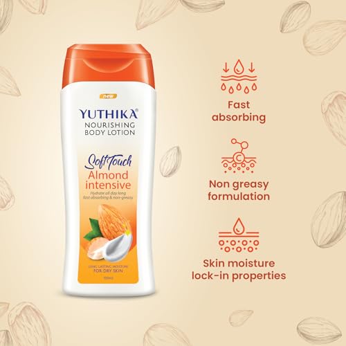 Image of Yuthika Almond Nourish Body Lotion | Hydrating Moisturizer for Women & Men | Non-Sticky Formula | 24H Moisture for Dry Skin | 100 ml (Pack of 3)