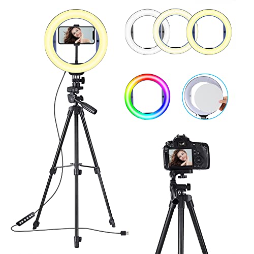 10" RGB LED Ringlicht Stativ mit Spiegel ,Koolertron USB Selfie Ringleuchte mit Handyhalter,3 Beleuchtungsmodi und 14 RGB Farben,10 Helligkeitsstufen für YouTube TikTok Self-Porträt der Videoaufnahme