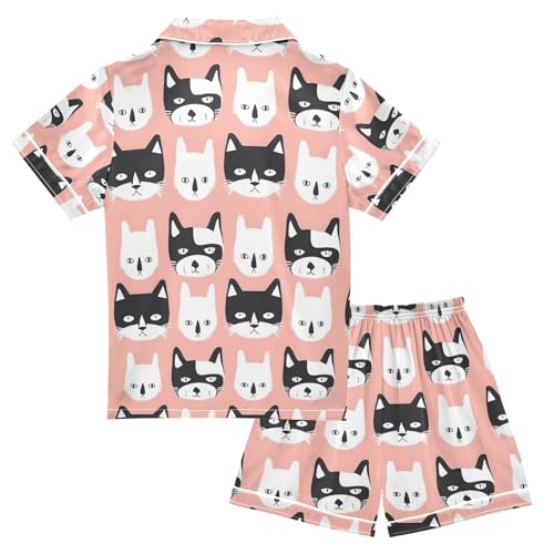 ALAZA Cat Head Pajamas Satin Pajama Set Short Sleeve Button Down Sleepwear2