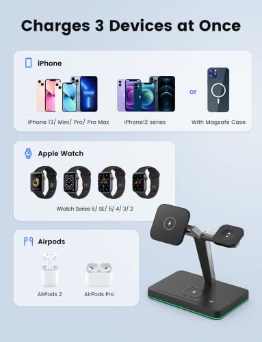 Image of Wireless Charger for MagSafe, 3 in 1 Charging Station for Apple, Magnetic Wireless Charging Stand for iPhone 14 /13 /12 Series, Apple Watch Ultra /8 /SE /7 /6 /5, AirPods 2 /3 /Pro /Pro 2