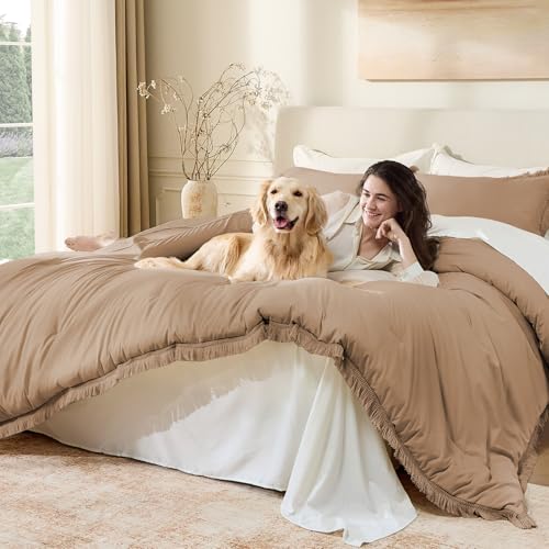 Image of Andency Taupe Comforter Set King Size, 3 Pieces Boho Tassel Lightweight Bedding Comforter Sets for King Bed, Tan All Season Soft Fluffy Fringe Bed Set (104x90In Comforter & 2 Pillowcases)
