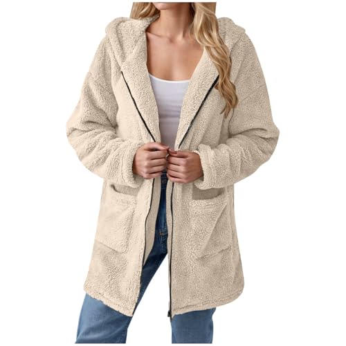 KOG Fleecejacke für Damen Wintermantel Warme Teddyjacke Wollmantel Einfarbig Streetwear Frauen Kapuzenpullover übergangsjacke Strickjacke Frau Daunenmantel Sportjacke Dufflecoat Beige XL