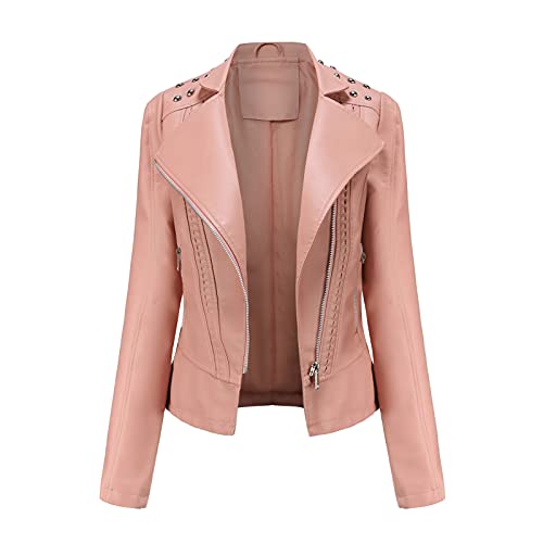Veste en cuir synthétique femme rose casual veste courte légère zippée L