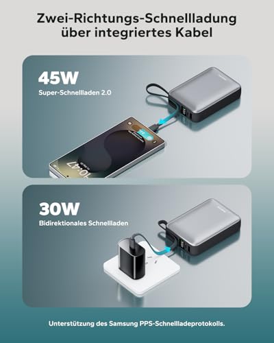 Eazpower Powerbank 45W Schnellladefunktion 20,000mAh mit USB-C Kabel integriert, Externe Handyakkus Leicht Klein Aber Stark für iPhone 17/16 /15 Pro, Samsung S25 Ultra, Xiaomi - Raummetallsilber