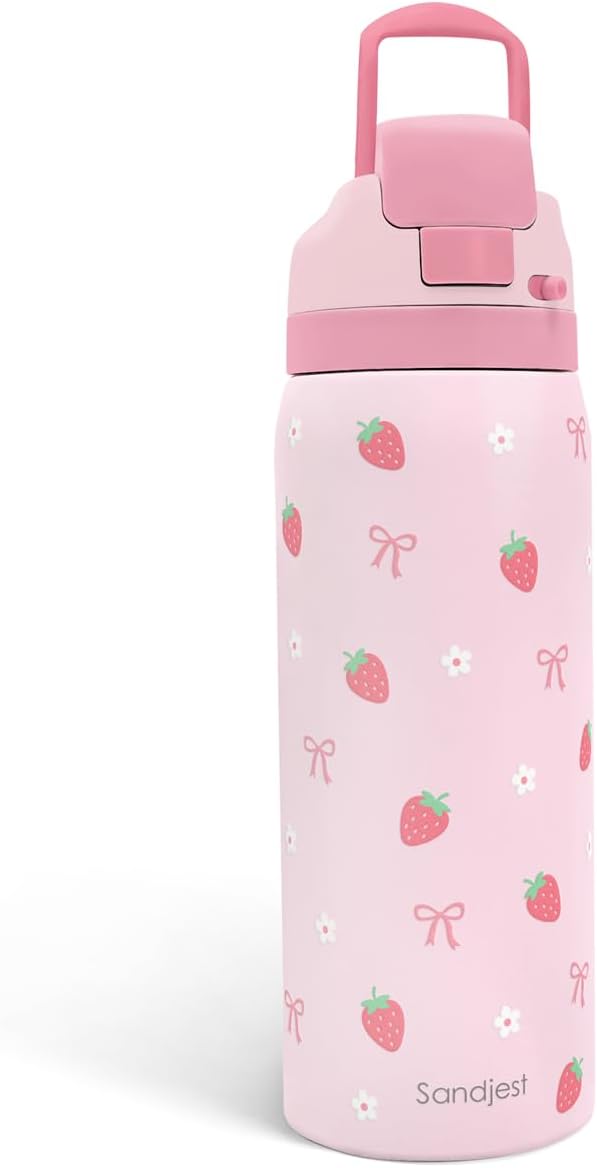Strawberry Bow Insulated Stainless Steel Water Bottle with Straw for Sports and Travel, 32oz, Gifts for Women Girls Friends Teens Birthday Christmas