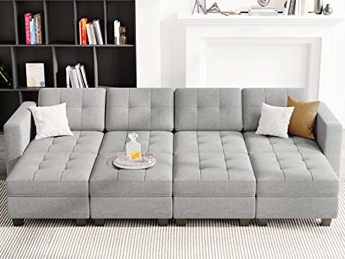 Belffin Storage Modular Sleeper Sofa Sectional Couch with Wide Chaises Convertible Sectional Sofa Bed Modular Sleeper Sectional Couch Bed Light Grey