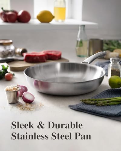 Image of VocVoi Stainless Steel Pan, 12 Inch Frying Pan, PFOA & PTFE Free, Non Toxic Skillet, Dishwasher & Oven Safe, Induction Compatible, Ceramic & Gas Cooktops