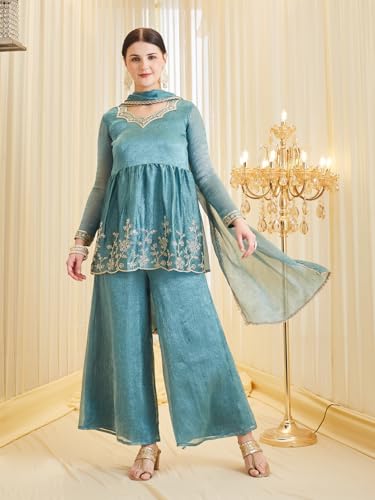 Image of MOKOSH Women's Silk Embroidered Kurta Set with Dupatta | Ethnic wear | 3 Piece Outfit | Festive Kurta Set | Peplum Kurti Sharara & Dupatta | Sweetheart Neck