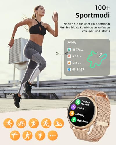Smartwatch Damen, 1.39" Zoll Touchscreen Smart Watch mit Bluetooth Anrufe, Uhr Damen Herren mit 140+ Sportmodi SpO2 Pulsuhr Schlafmonitor Schrittzähler, Armbanduhr für Android iOS – Bild 3