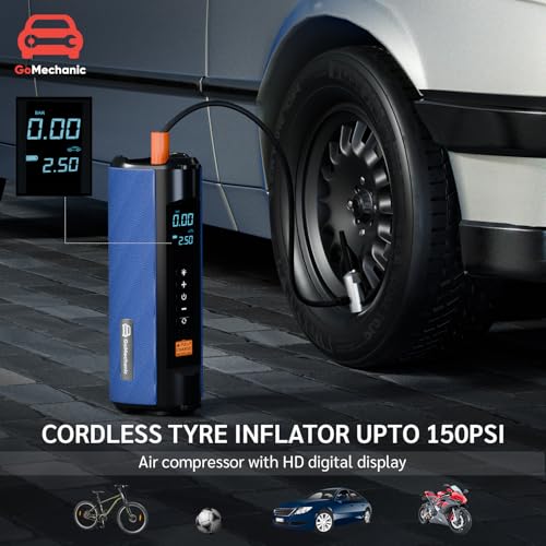 Image of GoMechanic Portable Jump Starter for Car Battery | 10000mAh | Car Battery Jump Starter & Tyre Inflator | 1000A Peak Current | 5L Petrol & 3L Diesel Engines | 150 PSI Air Pump | LED Light & Power Bank