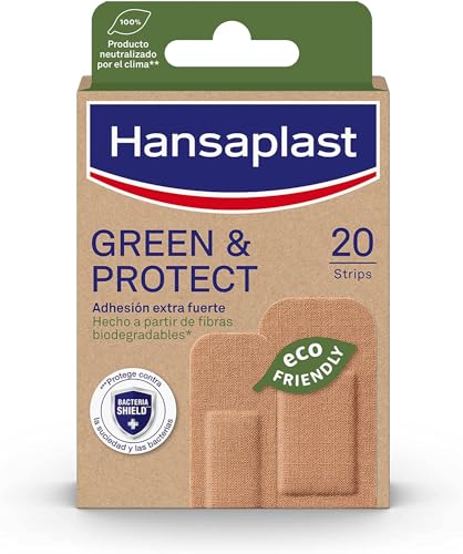 Hansaplast GREEN & PROTECT (20 tiras), apósitos adhesivos biodegradables, parches cicatrizantes hechos con fibras de origen natural, apósitos para heridas extra fuertes