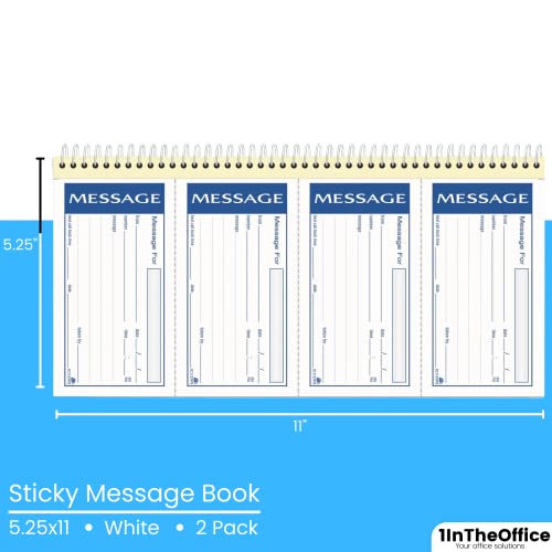 1Intheoffice Sticky Message Book, Self Stick Message Pads, Office Message Pads, Phone Message Book 2 Part Carbonless 5.25X11, White, 2 Pack #TOP2